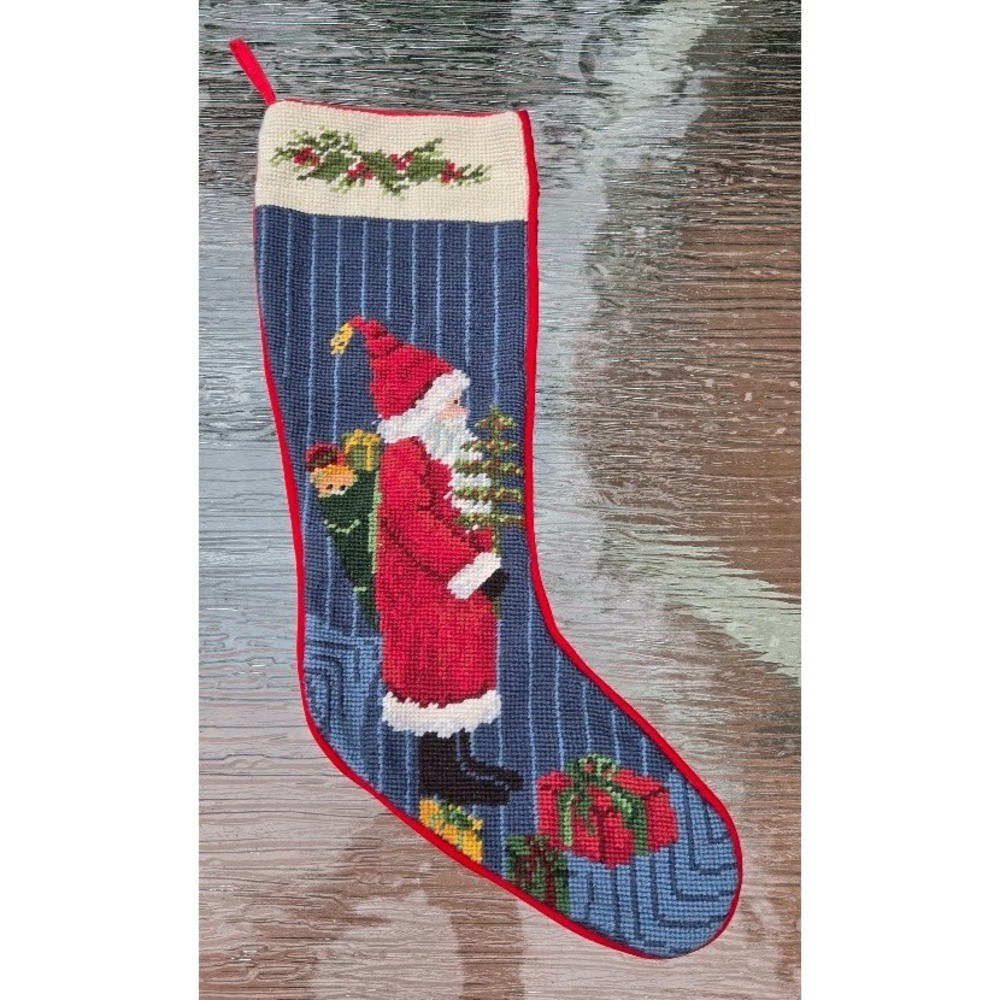 Vintage Needlepoint Christmas Stocking Santa Claus EUC Nostalgia Holiday Decor